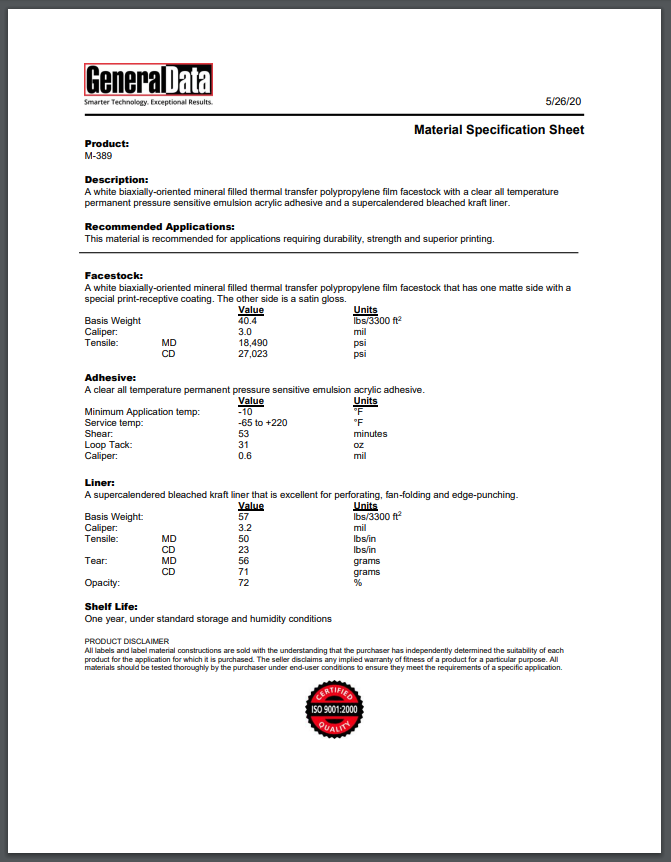M-389 Material Specification Sheet