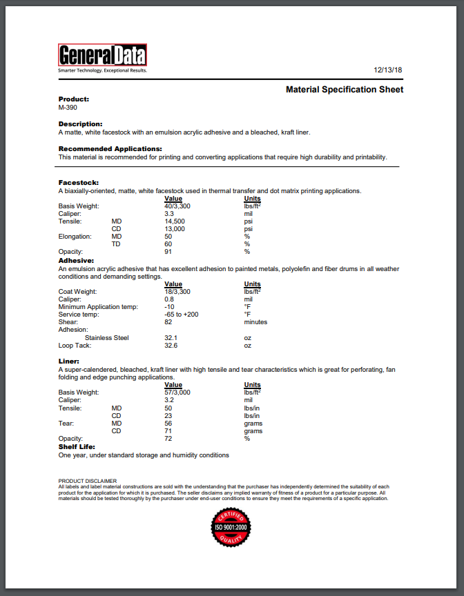 M-390 Material Specification Sheet