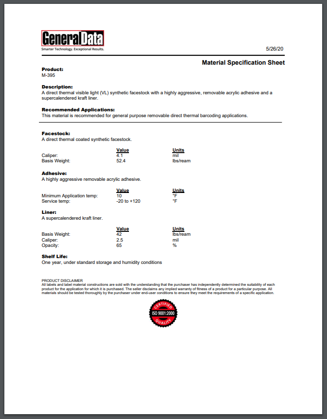 M-395 Material Specification Sheet