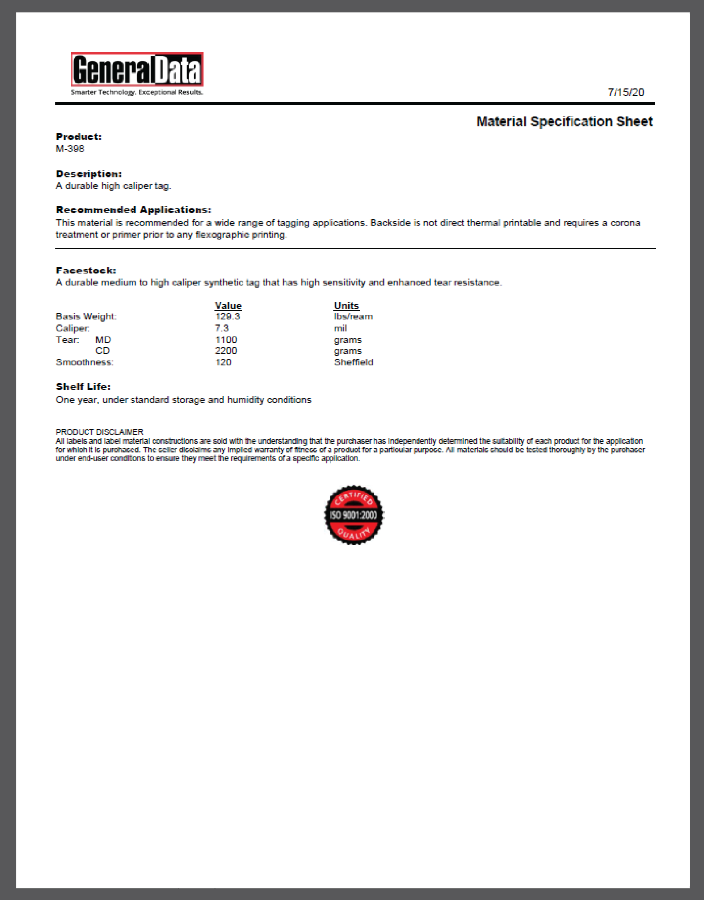M-398 Material Specification Sheet