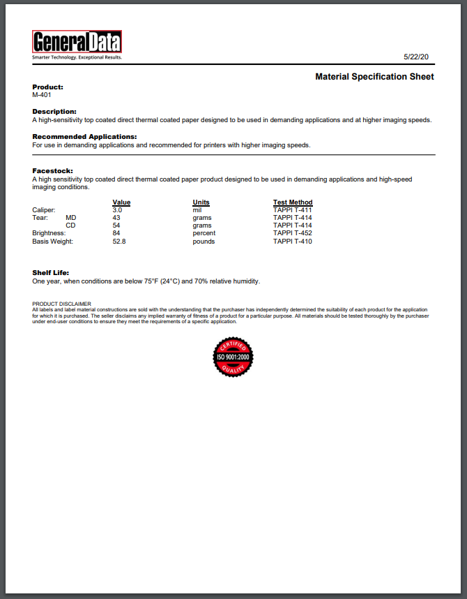 M-401 Material Specification Sheet
