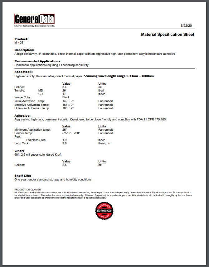 M-405 Material Specification Sheet