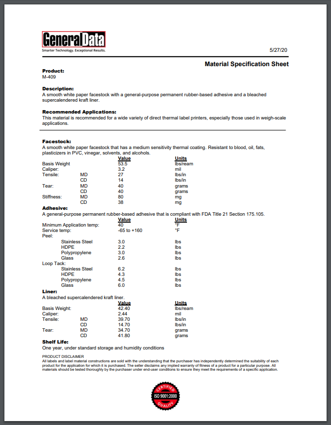 M-409 Material Specification Sheet