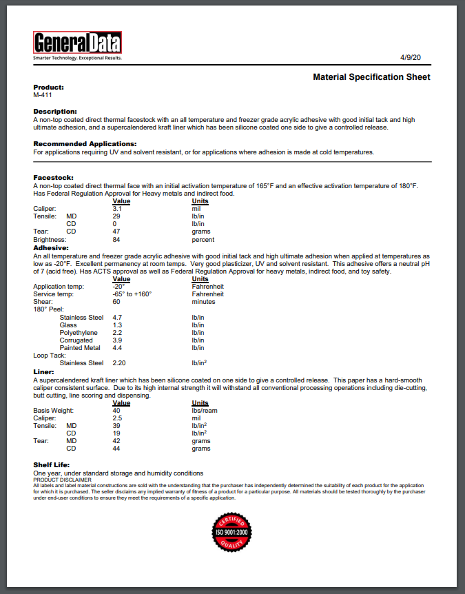 M-411 Material Specification Sheet