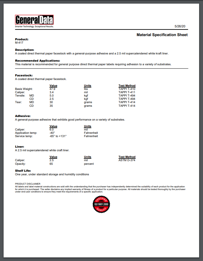 M-417 Material Specification Sheet