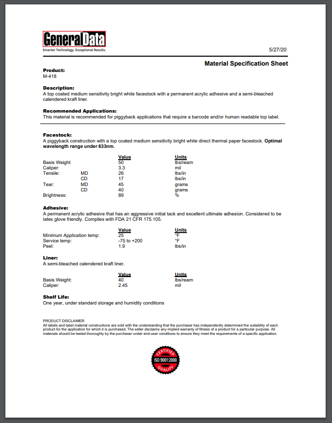 M-418 Material Specification Sheet