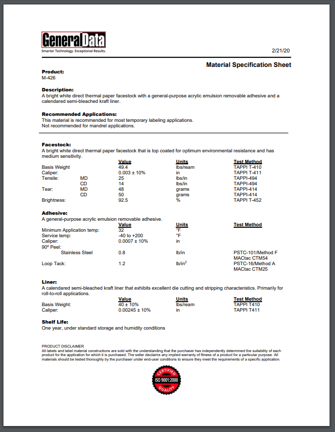 M-426 Material Specification Sheet