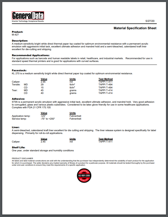 M-427 Material Specification Sheet