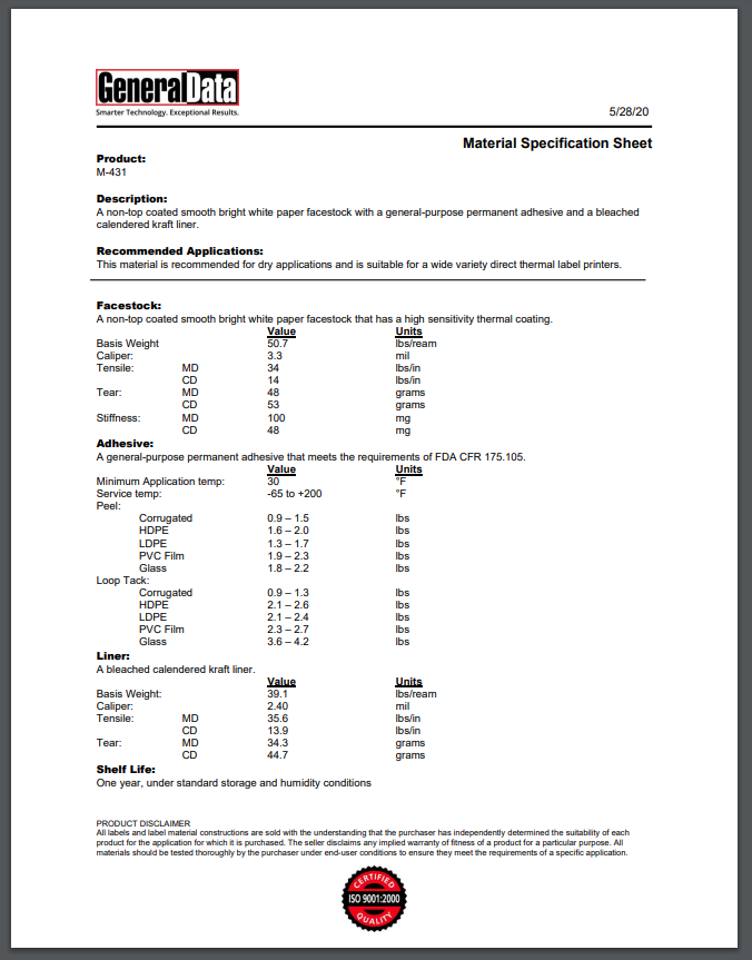 M-431 Material Specification Sheet