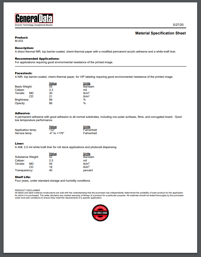 M-433 Material Specification Sheet
