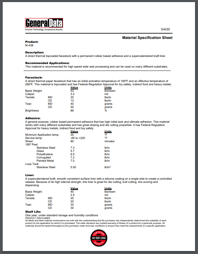 M-438 Material Specification Sheet