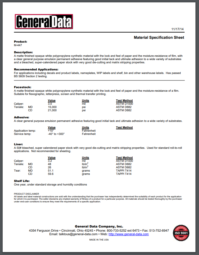 M-447 Material Specification Sheet