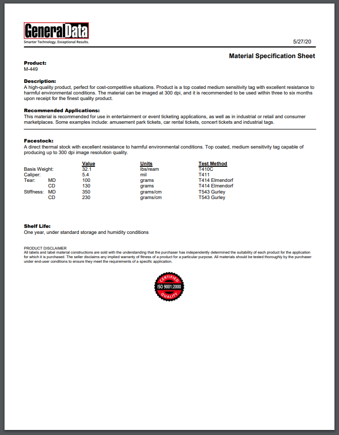 M-449 Material Specification Sheet