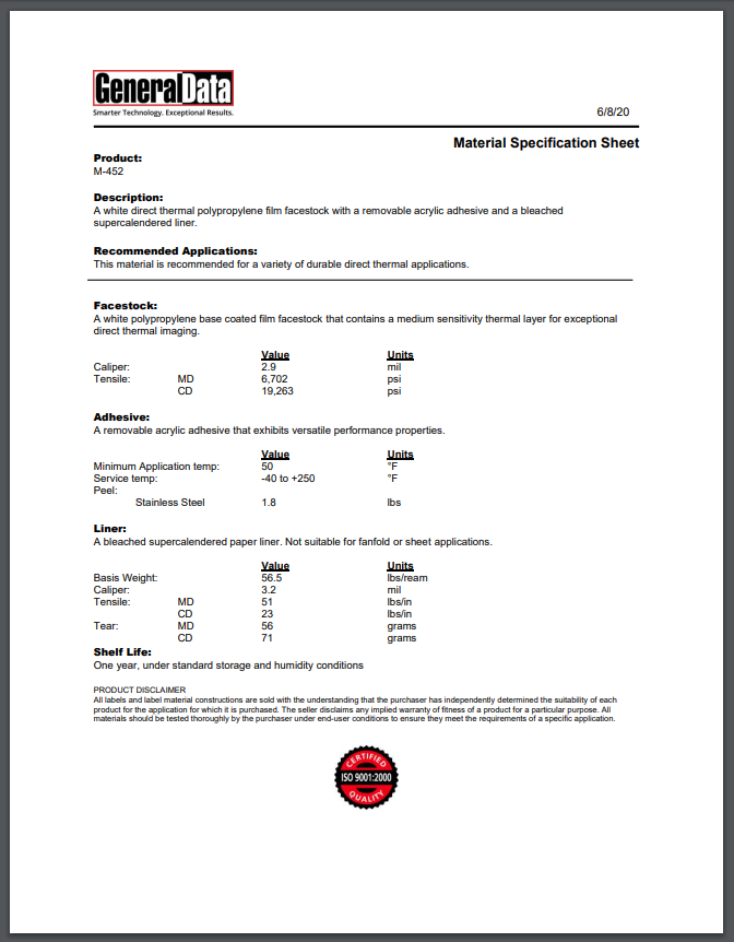 M-452 Material Specification Sheet