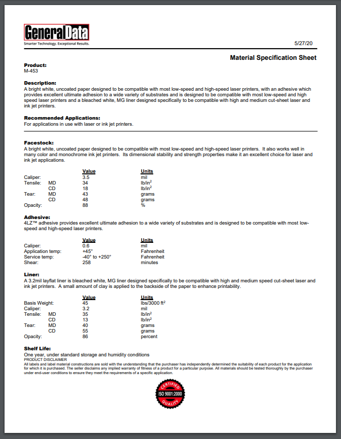 M-453 Material Specification Sheet