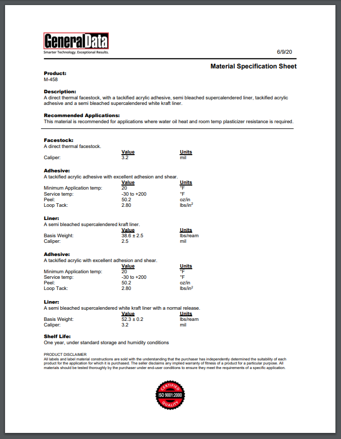 M-458 Material Specification Sheet