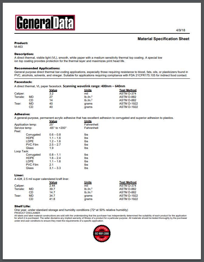 M-463 Material Specification Sheet