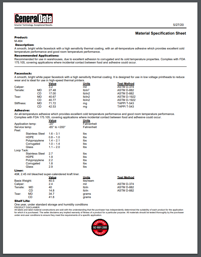 M-464 Material Specification Sheet