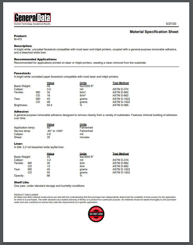 M-472 Material Specification Sheet