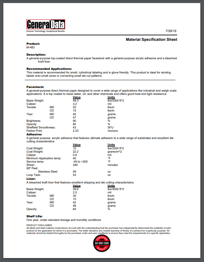 M-483 Material Specification Sheet