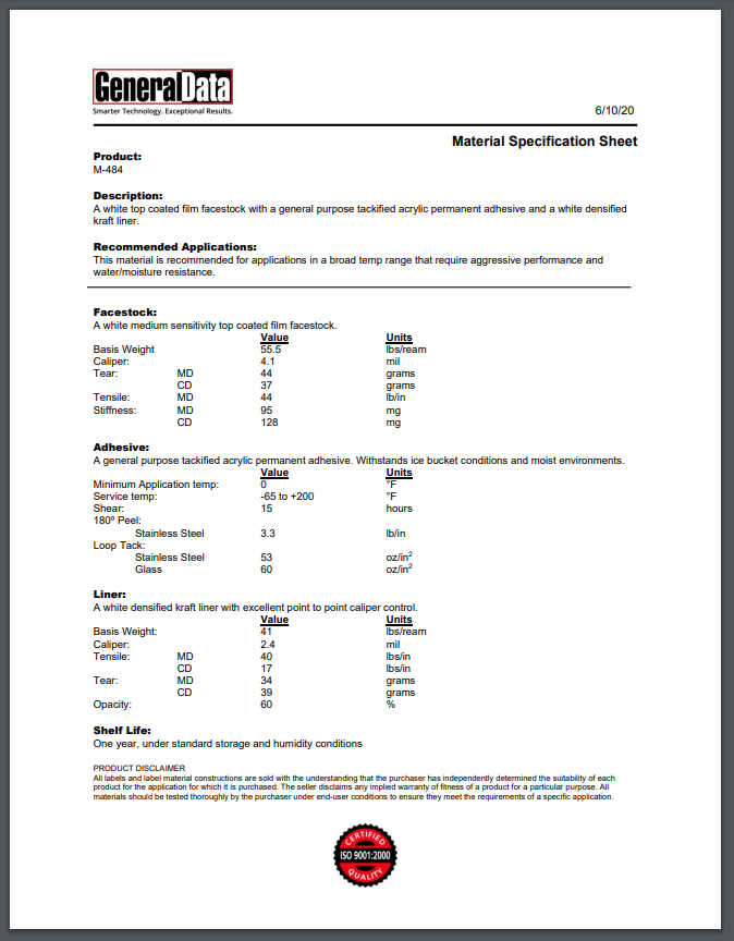 M-484 Material Specification Sheet