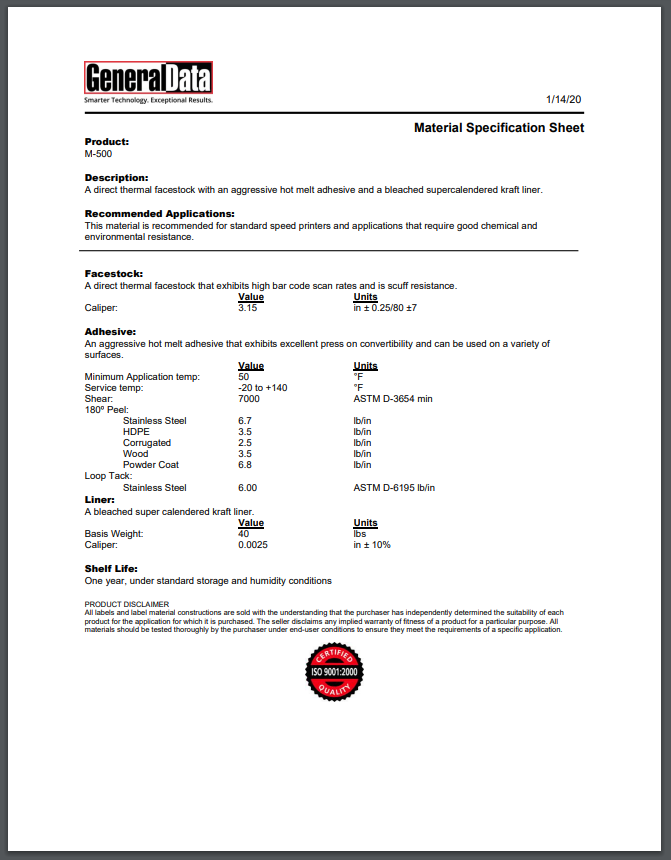M-500 Material Specification Sheet