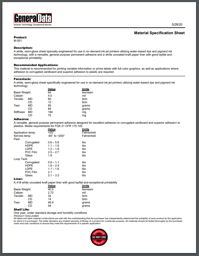 M-501 Material Spec Sheet | General Data