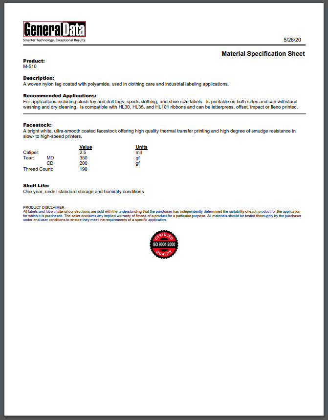 M-510 Material Specification Sheet