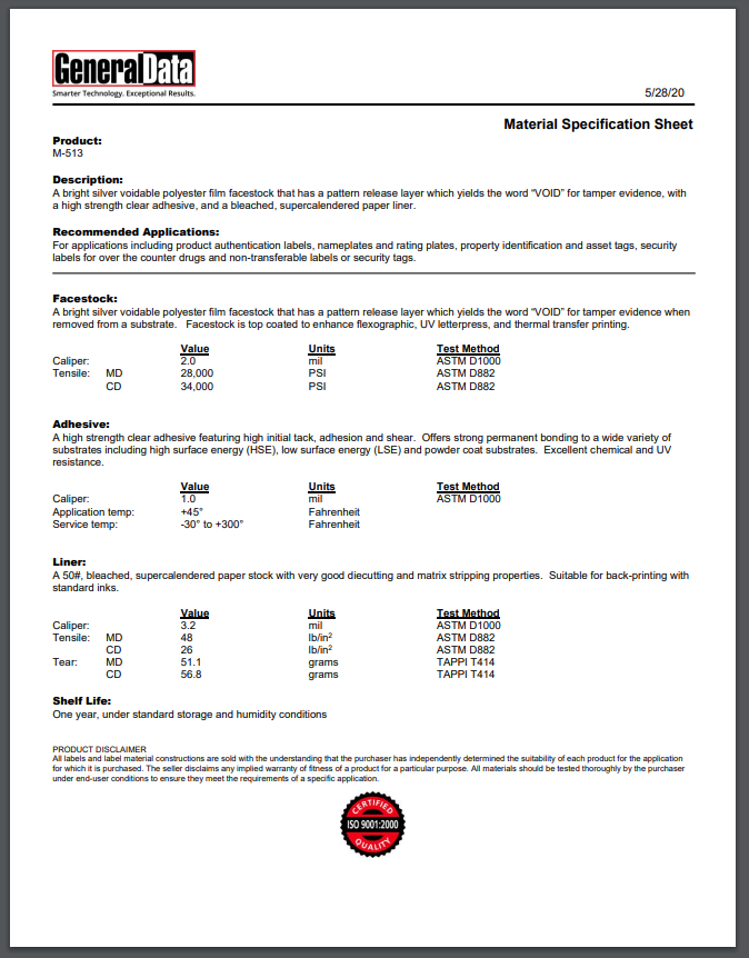 M-513 Material Specification Sheet