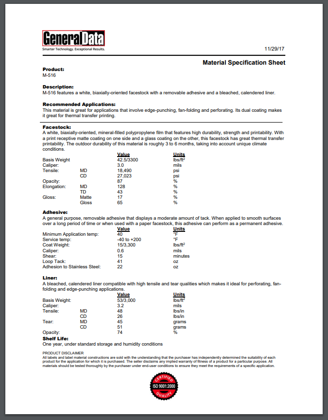 M-516 Material Specification Sheet