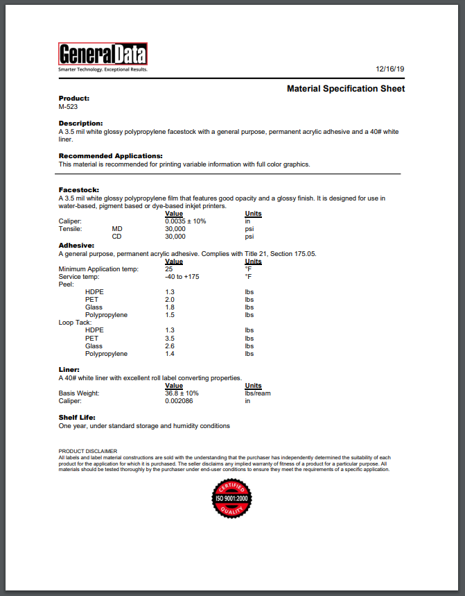 M-523 Material Specification Sheet