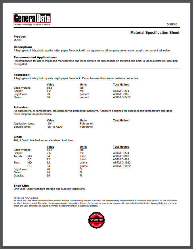 M-530 Material Specification Sheet