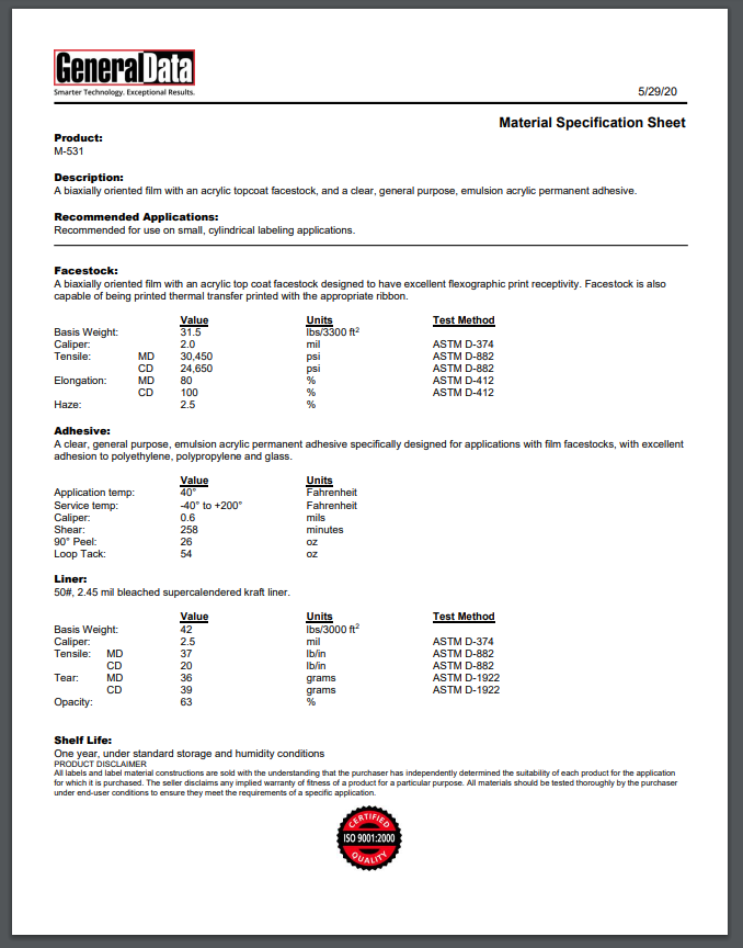 M-531 Material Specification Sheet