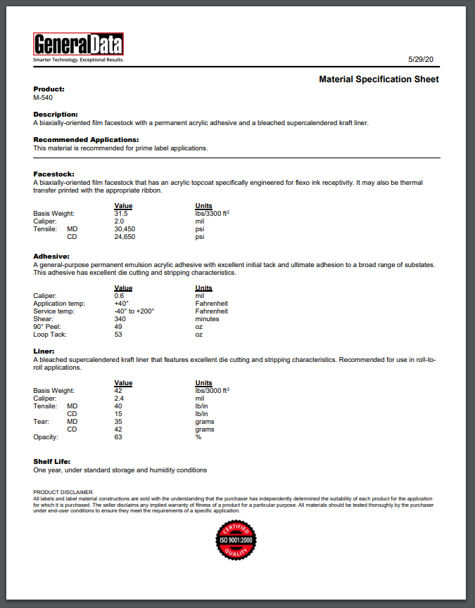 M-540 Material Specification Sheet