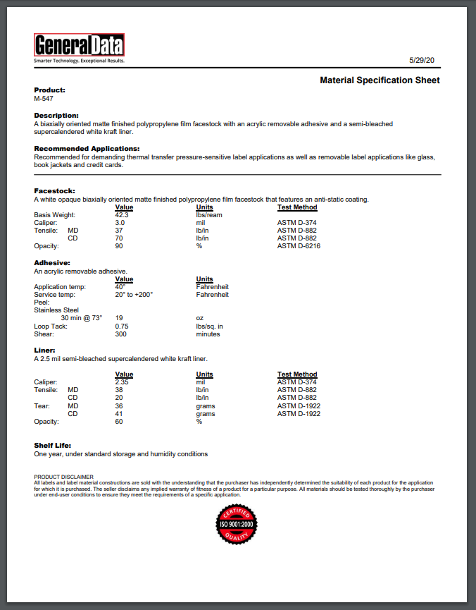 M-547 Material Specification Sheet