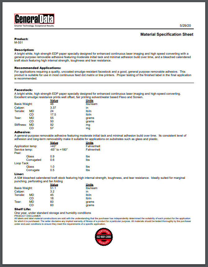 M-551 Material Specification Sheet