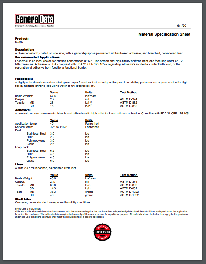M-607 Material Specification Sheet