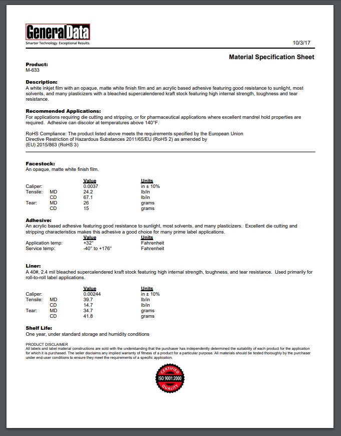M-633 Material Specification Sheet