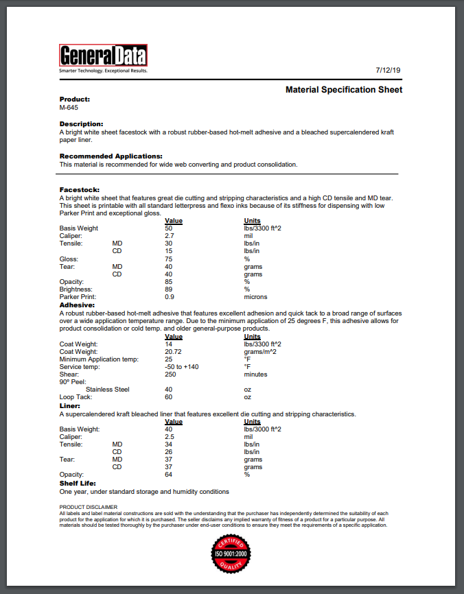 M-645 Material Specification Sheet