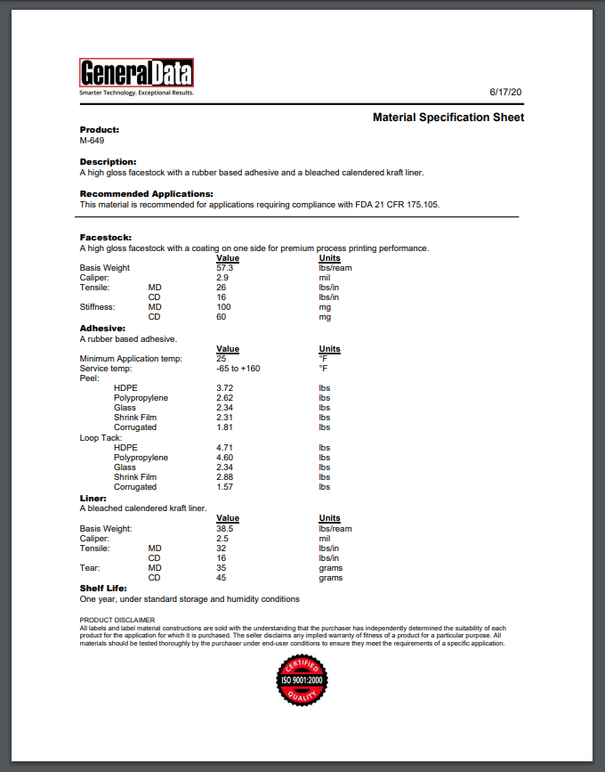 M-649 Material Specification Sheet