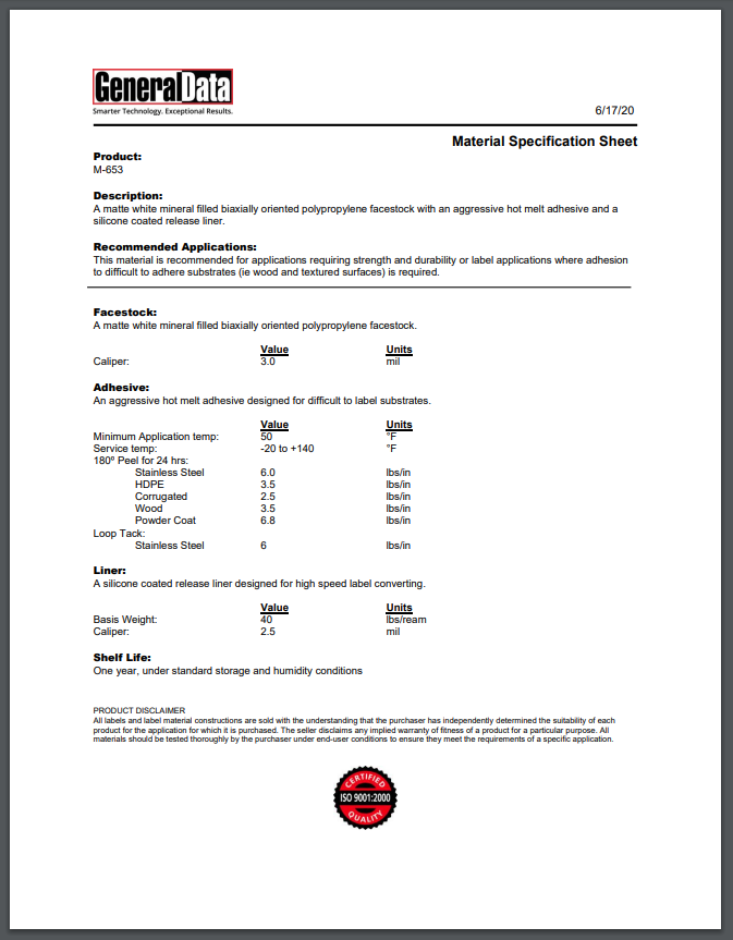 M-653 Material Specification Sheet