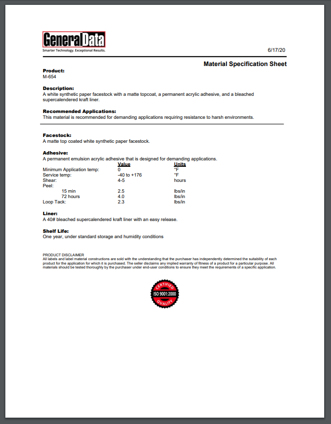 M-654 Material Specification Sheet