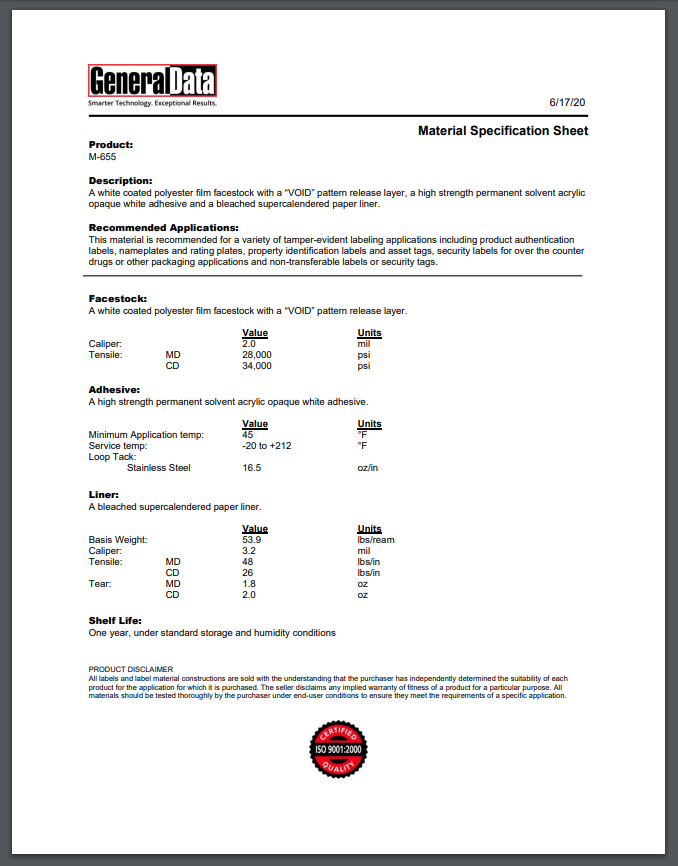 M-655 Material Specification Sheet