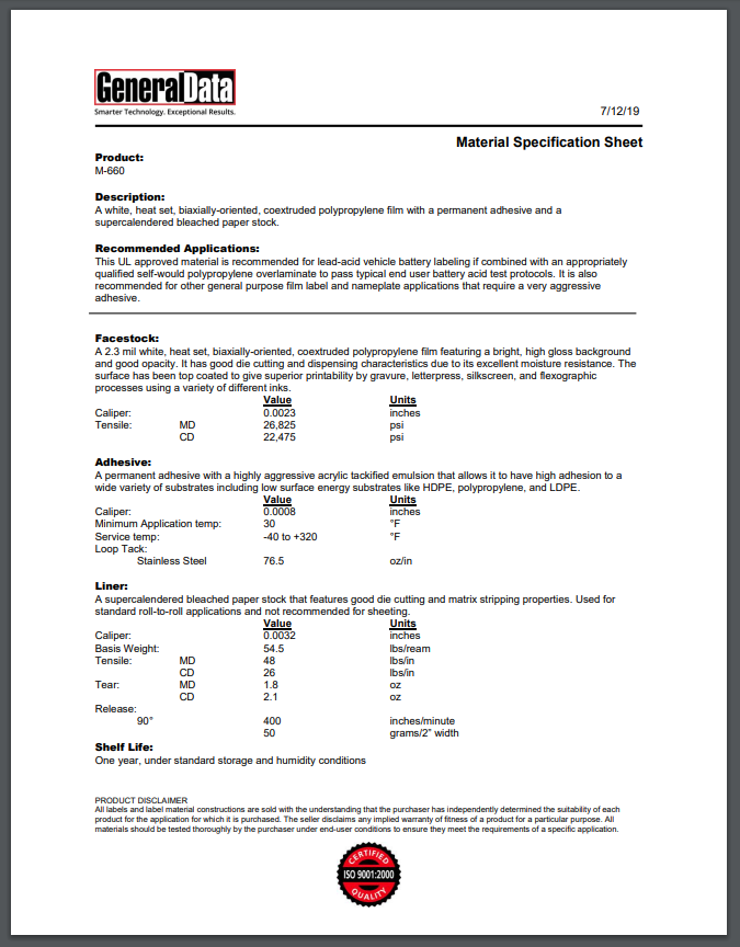 M-660 Material Specification Sheet