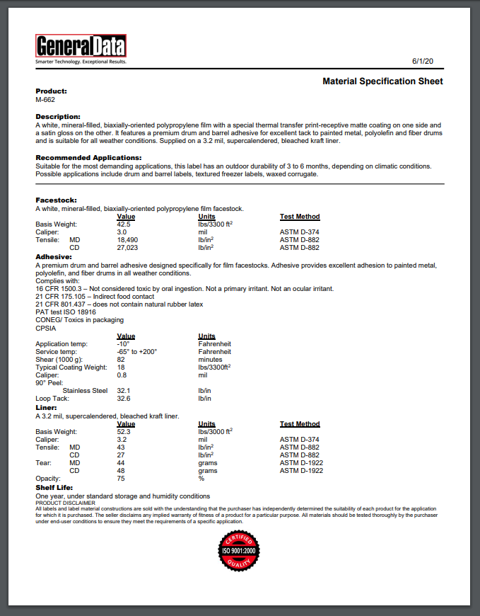M-662 Material Specification Sheet