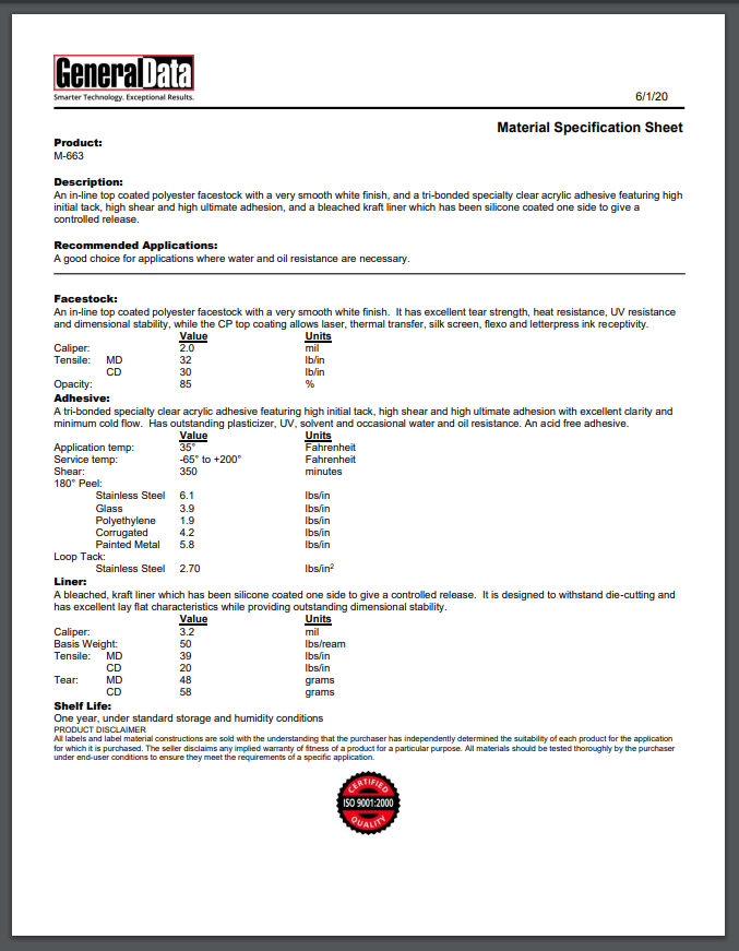 M-663 Material Specification Sheet