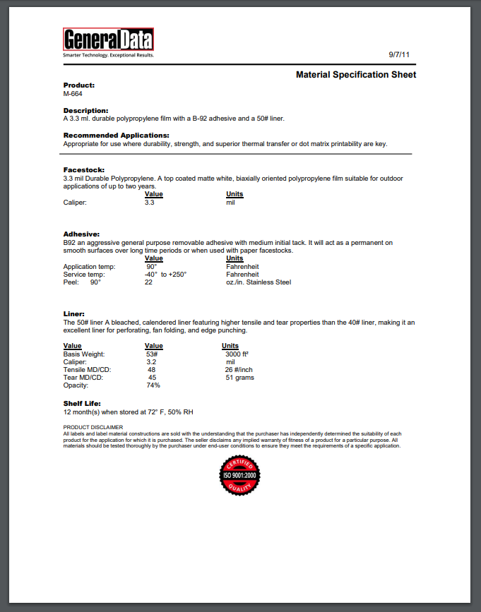 M-664 Material Specification Sheet