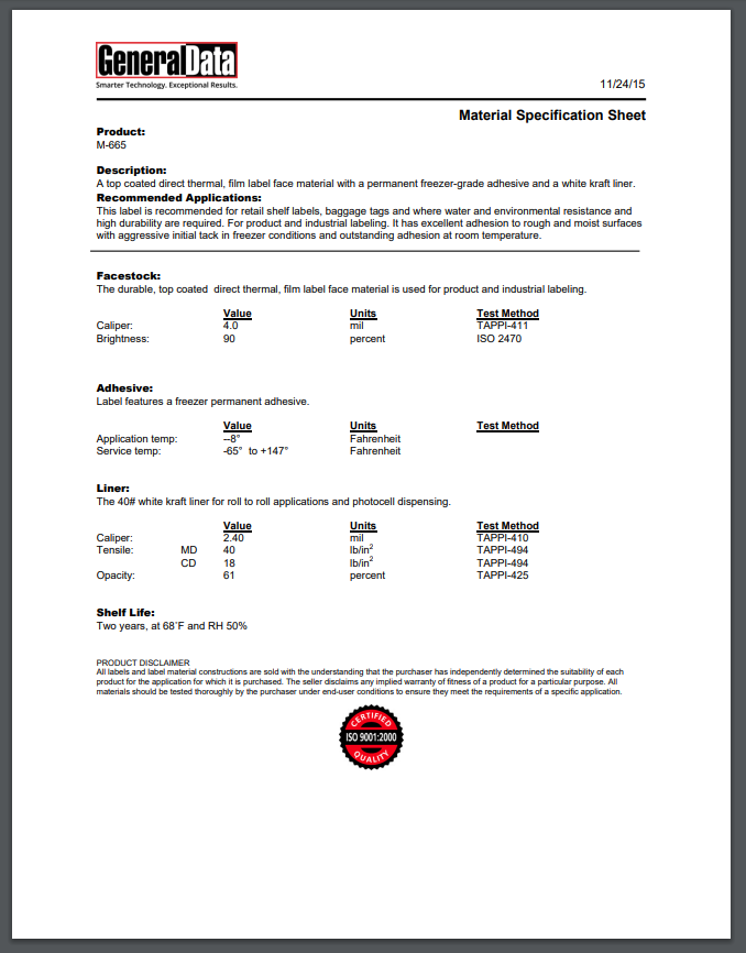 M-665 Material Specification Sheet