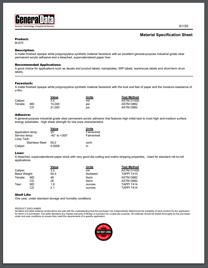 M-670 Material Specification Sheet