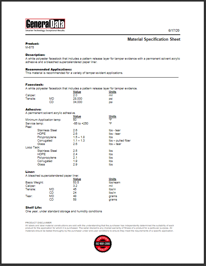M-675 Material Specification Sheet